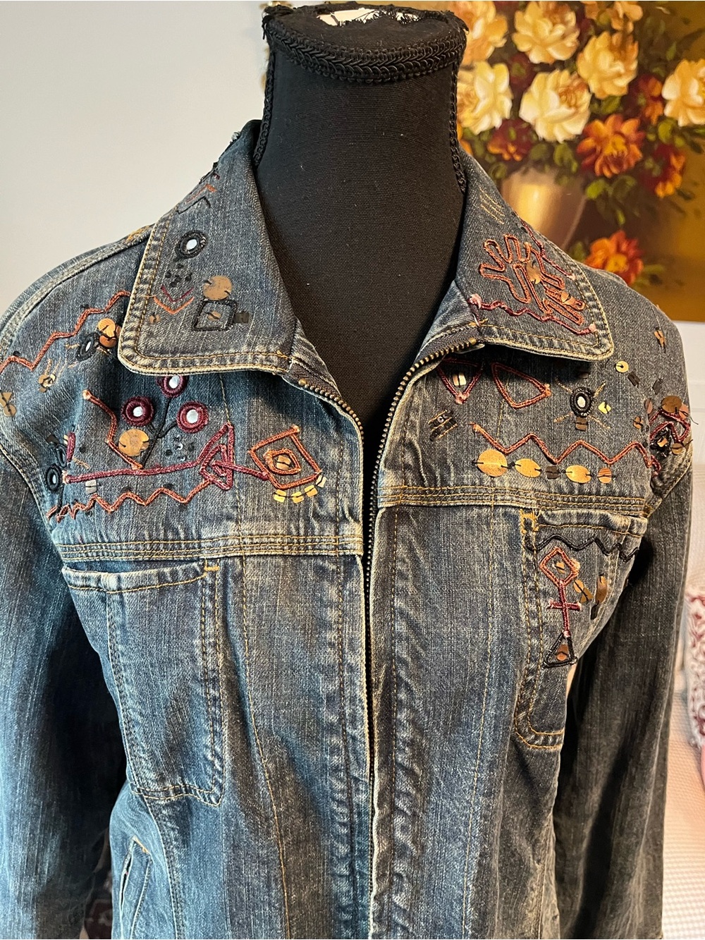 Chicos Embellished Dark Denim Y2K Vintage Jean Jacket M - Picture 7 of 10